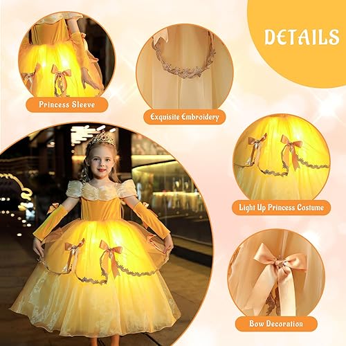 Miniatura 7 de CIYTI Vestido prncess iluminado para niñas, disfraz de Halloween, vestido de princesa, vestido de hada, color amarillo calabaza