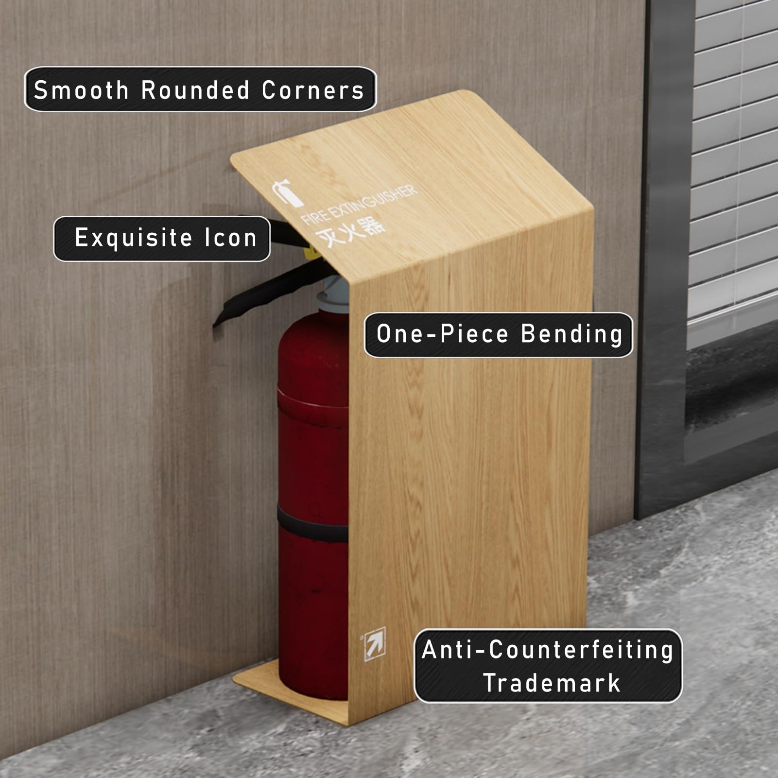 Señal de soporte para extintor de incendios, gabinete decorativo de acero inoxidable con grano de madera para extintores de 2-3 o 4 kg