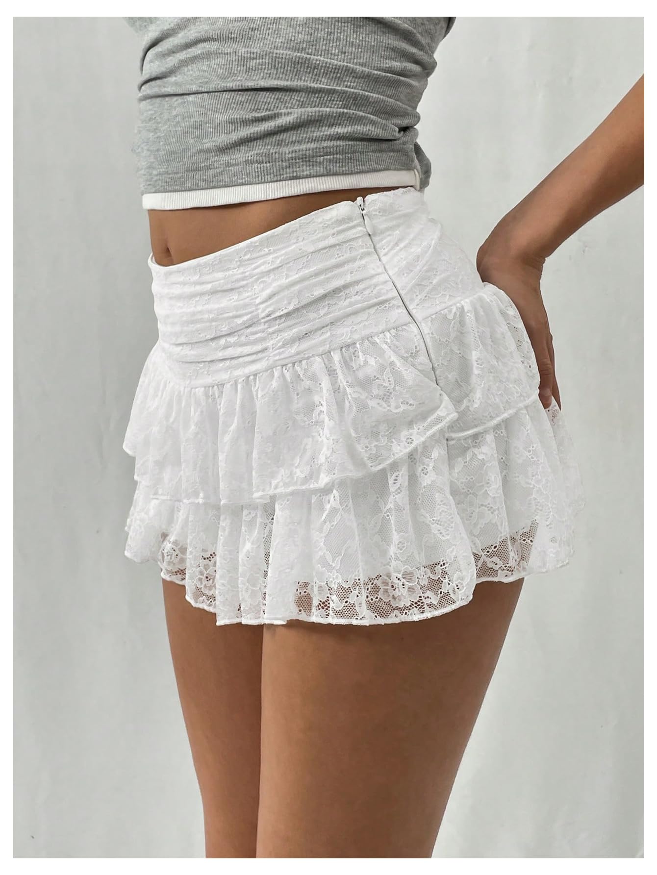 SHENHE Women's Y2k Lace Layered Mini Skirt Ruched A Line Cute Tiered Ruffle Skirt