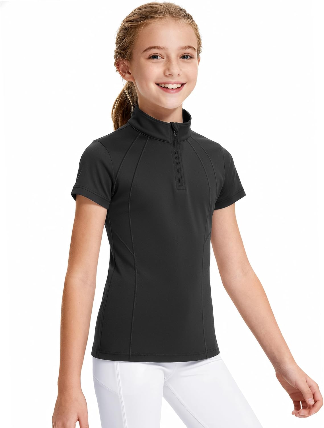 JOCMIC Girls Equestrian Shirt Short Sleeve Quick Dry Horse Riding Shirts Half Zip Horseback Show Shirt - Image 2