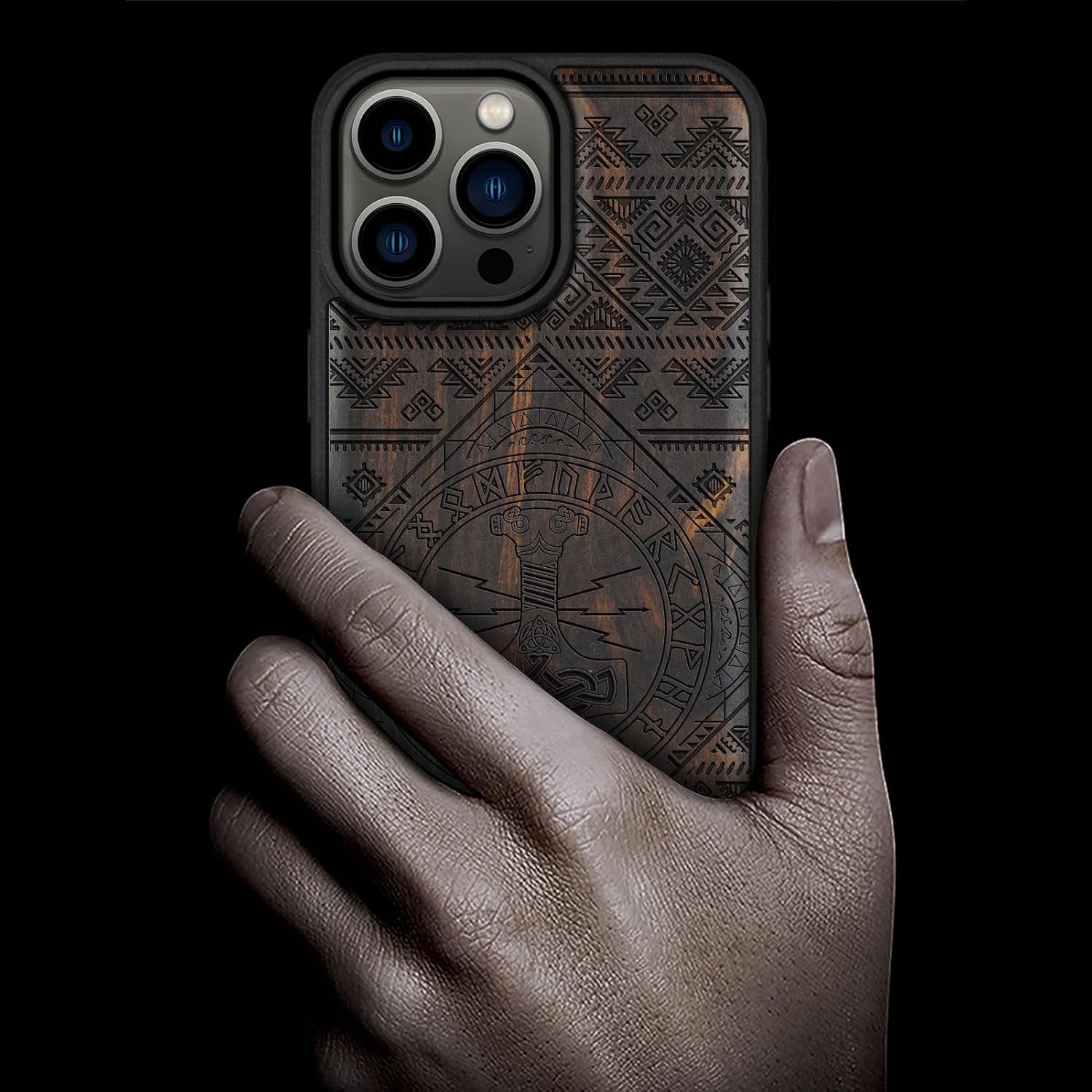Carveit Magnetic Wooden Case for iPhone 15 Pro Max Case, Compatible with MagSafe Wireless Chargers, Black Soft TPU Shockproof Cover & Wood Artisan Engraved (Norse Resonance - Mjollnir) - Blackwood