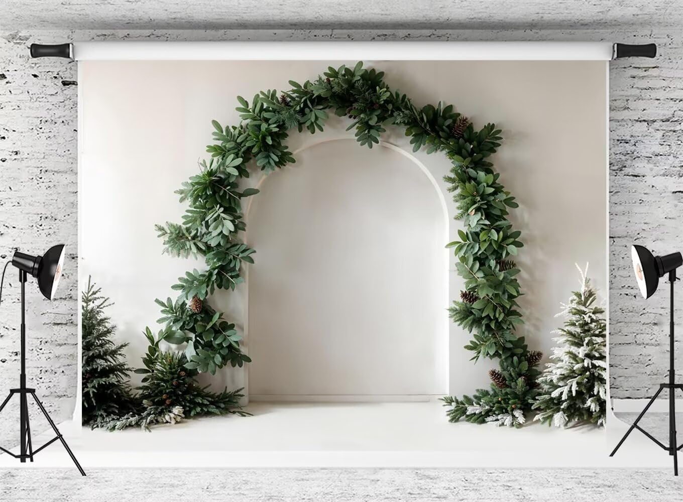 Kate Christmas Arch Door Backdrop White Wall Christmas Trees Background Dark Green Plant Photo Background Studio Props,10x6.5ft