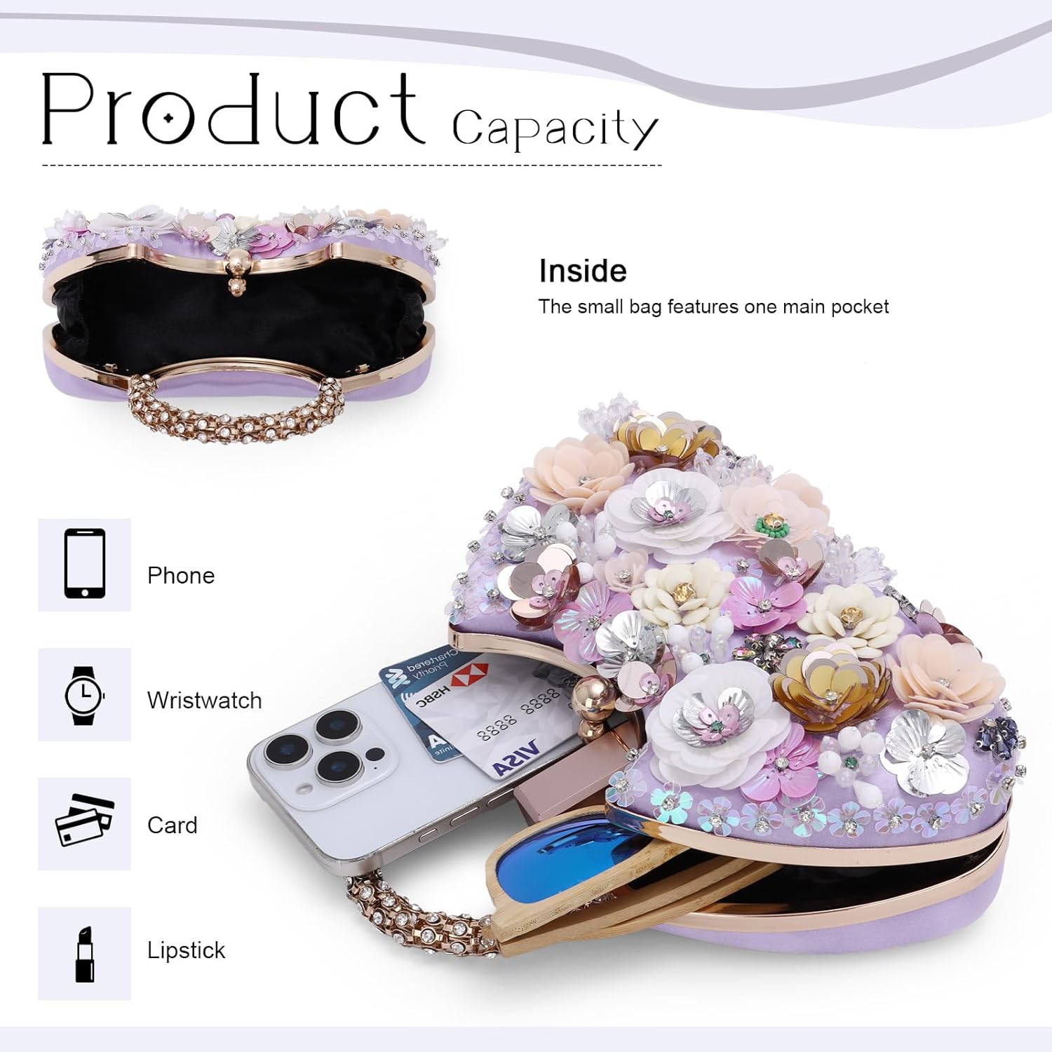 Fecialy Flower Clutch Purse for Women 3D Floral Evening Handbags Rhinestone Shoulder Crossbody Bag Formal Party Bride Wedding