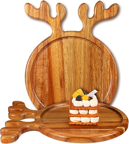 Tioncy 2 platos de madera de Navidad, platos de madera para alimentos, bandeja de Navidad con asas de cuerno, organizador de platos decorativos para