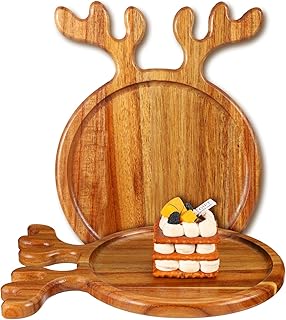Tioncy 2 Pcs Christmas Wood Serving Dishes 10.6"x8.1" Wooden Food Platters Christmas Tray with Antler Handles Decorative Plate Organizer for Appetizer Snack Fruit Kitchen Gift Wedding Housewarming