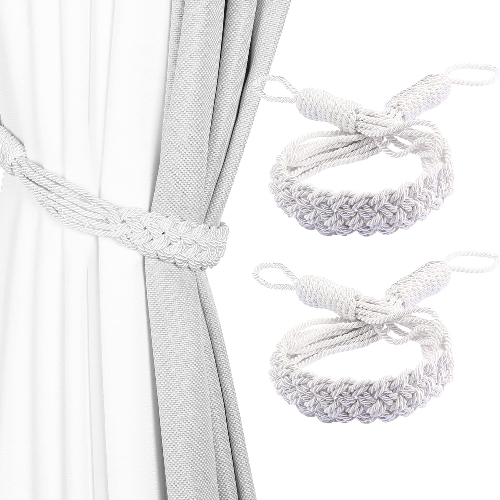 Tassel Curtain Tiebacks， Curtain Tiebacks Braided Rope 2 Pack Multicolor for Home Office Decorative(Wit)