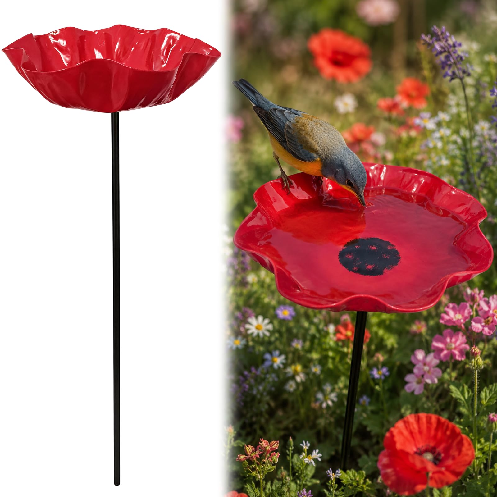 Handmade Metal Birds Bath Flower Garden Stake, Bee and Bird Bath Watering Station with Flower Design, Feeder Stake for Outdoor Yard Decor (1, red)