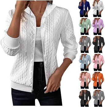 Zip Up Hoodie Women Textured Bomber Lightweight Jacket Fall Casual Long Sleeve Hoodies Cable Knit Jackets with Hood