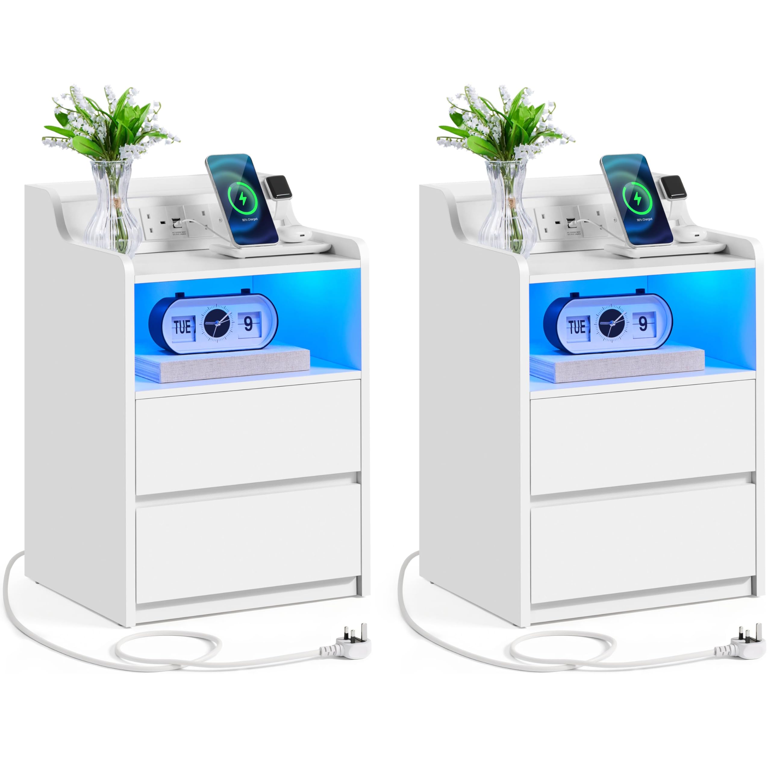 Yaheetech Bedside Table Set of 2 with Charging Station and LED Light, Wooden Sofa Side Table, Nightstand with 2 Storage Drawers and Open Compartment White — image 1