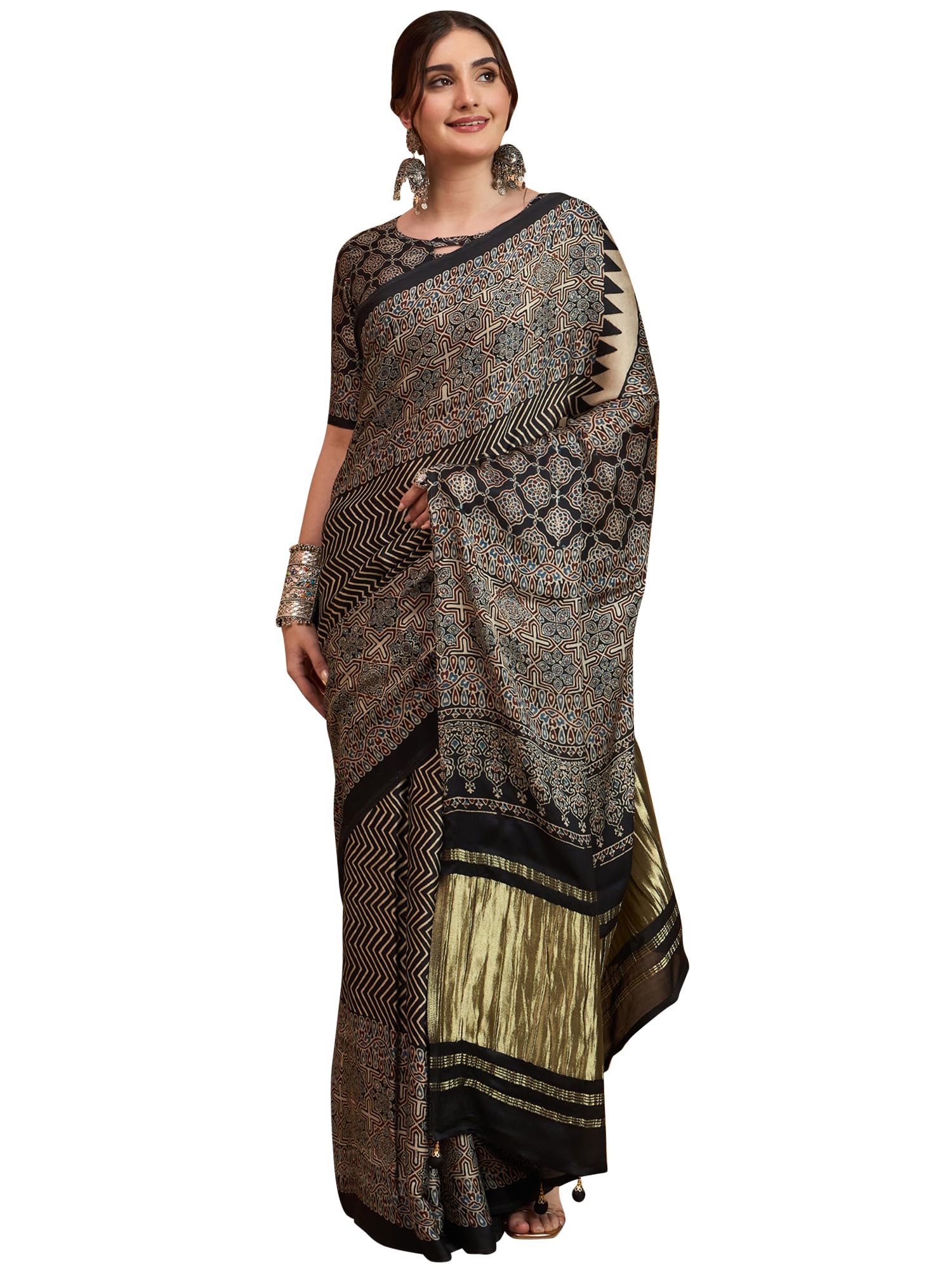 akhilam Women's Multicolor Viscose Silk Ajrak Printed Saree With Unstitched Blouse Piece (NKSHART101_HS_Parent)-picture-24
