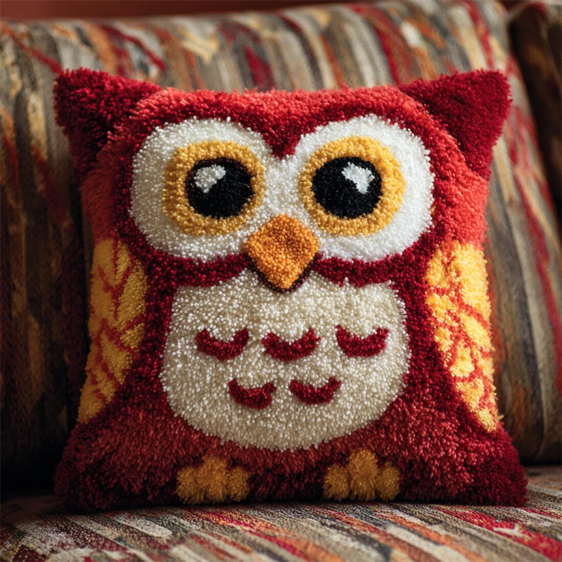 Kitquiver Animal Cushion Making Kit Cartoon Owl DIY Latch Hook Rug Kit for Beginners Embroidery Cushion Canvasfor Adult Beginners 17x17In