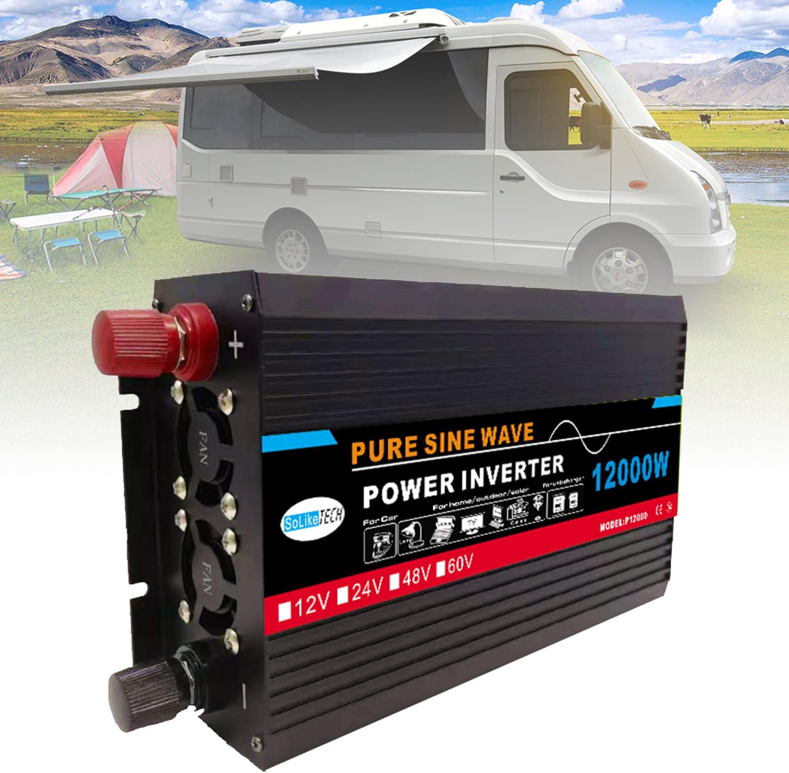 3000W-12000W Pure Sine Wave Power Inverter, DC (12/24/48/60V) to AC (110/V220V), Dual Digital Display + 1 Universal Socket, Solar System - Solar Panel, for Home/Outdoor/RV/Camping,12000W-12V