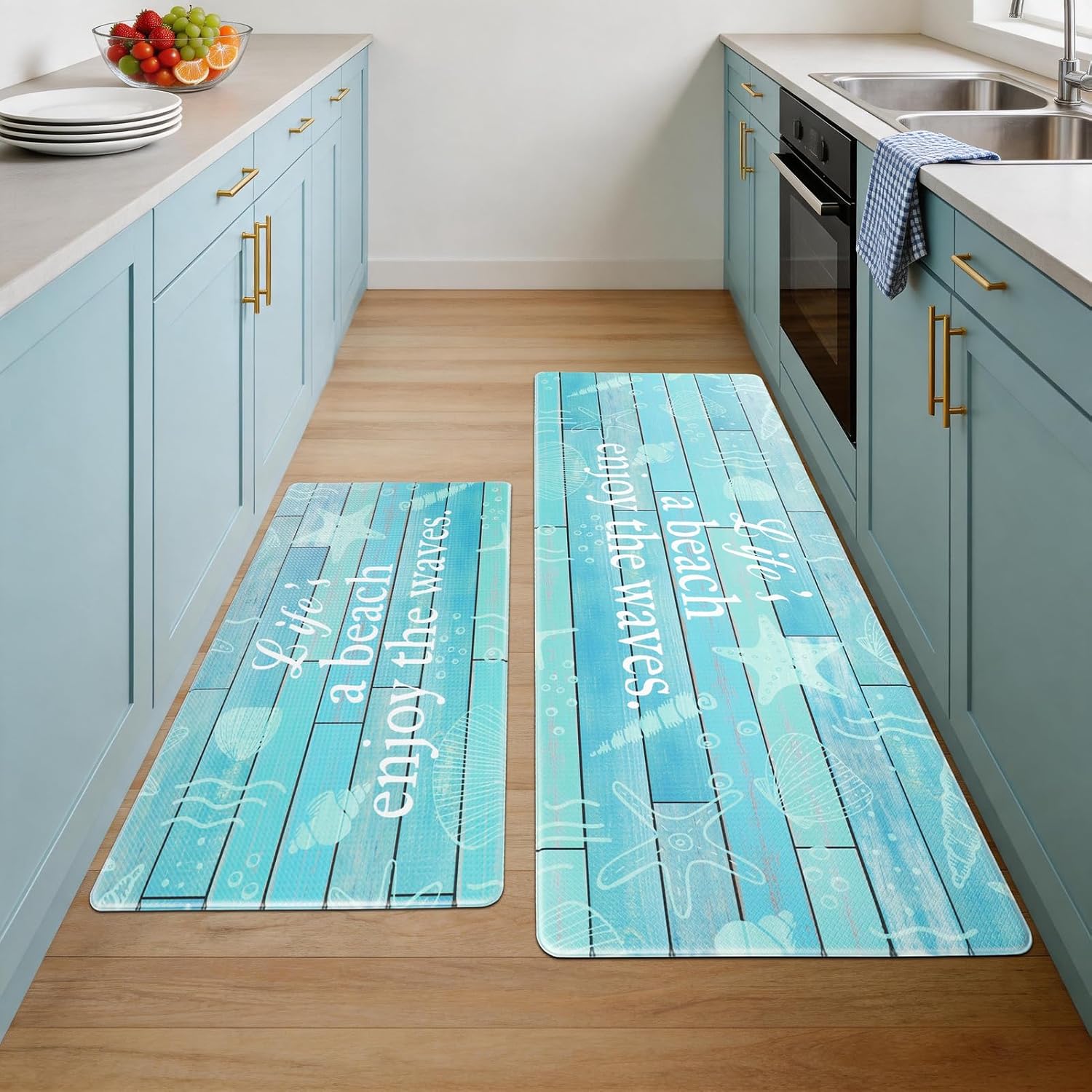 Beach Themed Kitchen Rugs Sets of 2 Cushioned Anti-Fatigue Nautical Kitchen Mat for Floor, 17"x29" +17"x47", Blue