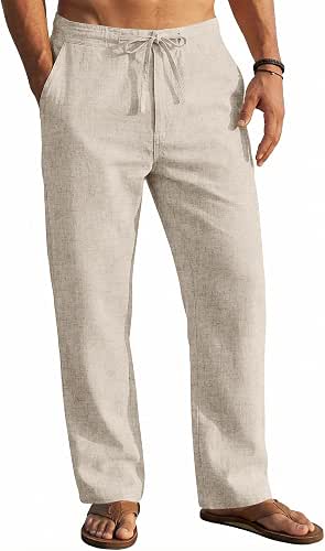 COOFANDY Men's Casual Linen Pants Elastic Waist Drawstring Yoga Beach