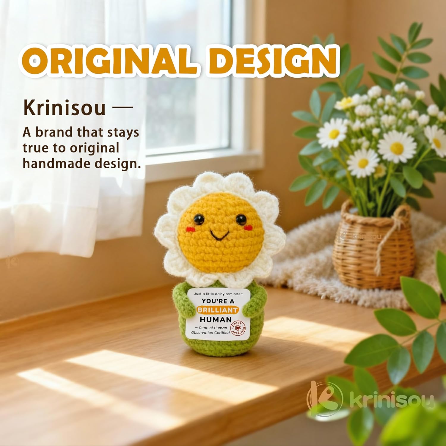 Positive Animals Crochet Daisy Gift for Women – Cute Flower Decor, Small Pick-Me-Up Thinking of You Encouragement Present for Friends or Coworkers - Image 2