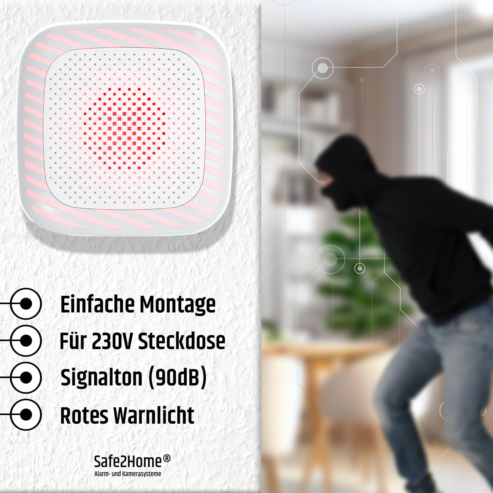 Safe2Home SP310 Funk Innen Sirene / Innenalarm 220 / 230 Volt für Profi Funk Alarmanlage SP310 mit Repeater - Alarmsystem (nur für SP310)