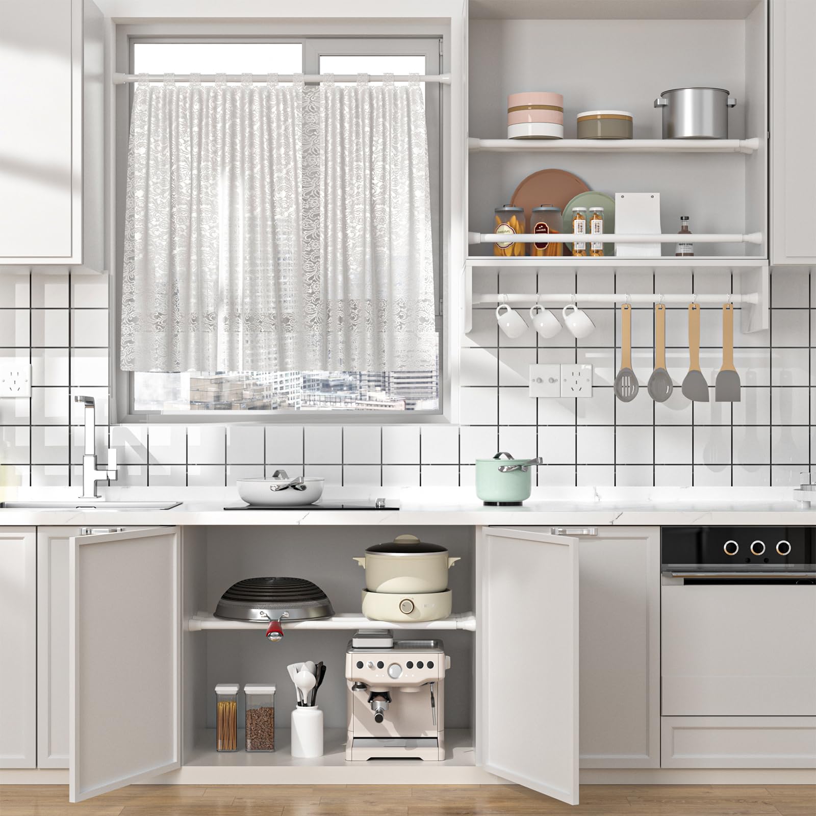 Bastone per tenda da doccia, 70-130 cm, antiscivolo, bianco, senza fori, estensibile, antiruggine, per cucina, armadio, finestra e bagno