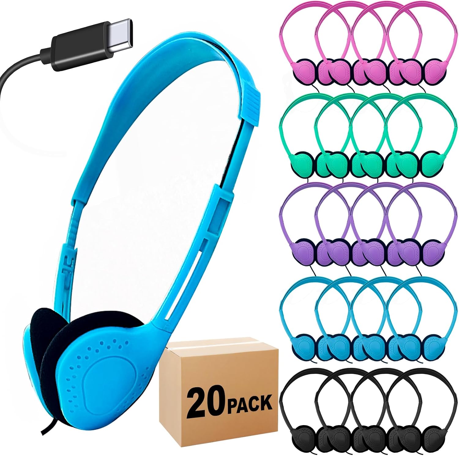 USB-C Headphones, 20-Pack, Multi Color | Bulk Pack, Suitable for Classroom & School, For Children & Teenagers, Compatible with Pad & Smartphones
