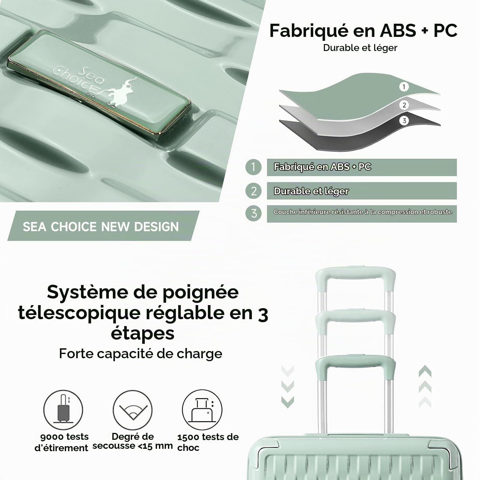 Sea choice Valise Cabine Lot de 2 Ensemble de Bagages avec Vanity Case Rigide Legere pour Bagage à Main ABS+PC à 8 Roues Sets de Bagages 55cm avec Fermeture éclair et Serrure TSA,Vert Matcha