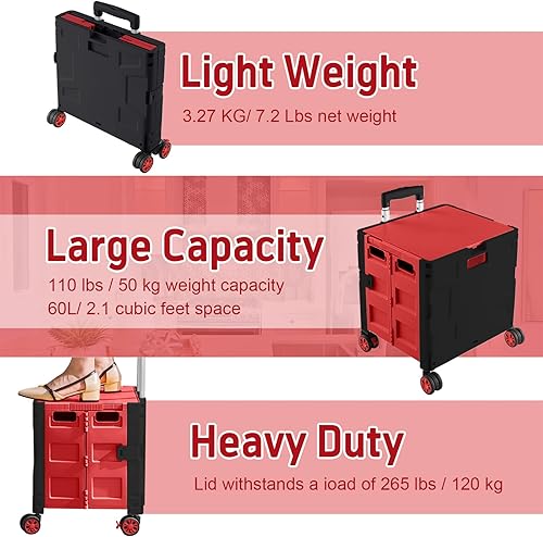 Miniatura 160 de FELICON SELORSS - Carrito plegable portátil con ruedas para subir escaleras y ruedas giratorias de 360°, mango telescópico, caja de plástico