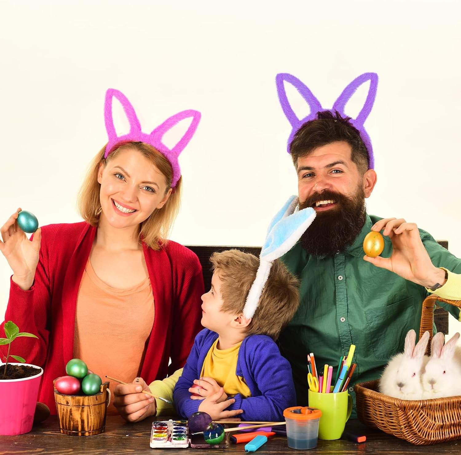 3 Pack Fluffy Bunny Ear Headbands for Adults and Kids, Plush Pink, White, and Purple Rabbit Ear Costume Accessories for Halloween, Easter, and Animal Themed Party Favors