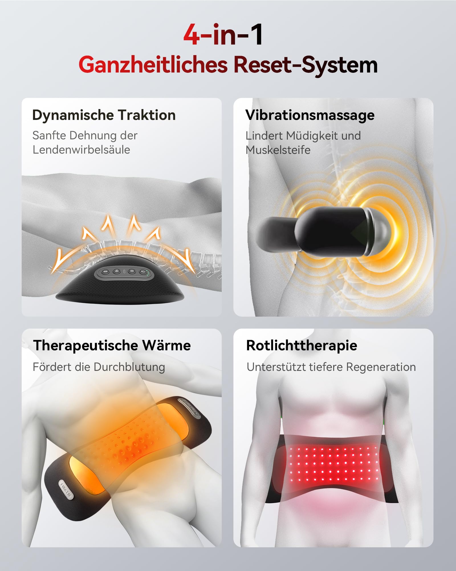 FliKEZE 4-in-1 Rückenmassagegerät mit Rotlicht, Wärmefunktion, Vibration & Lufttraktion – Kabelloses, Wiederaufladbares Design für Zuhause & Büro