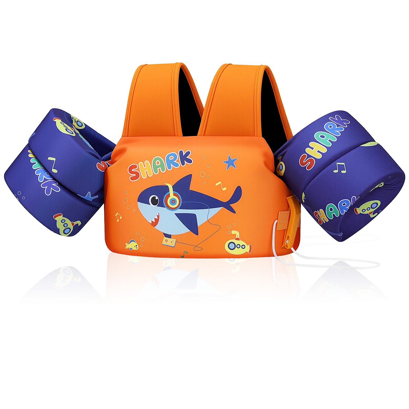 MoKo Toddler Swim Vest for Kids, Swim Arm Floaties 22-66lbs Cartoon Swimming Water Wings Pool Float Vests Sleeves Shoulder Straps Arm Band for Children, Orange Blue Headset Shark