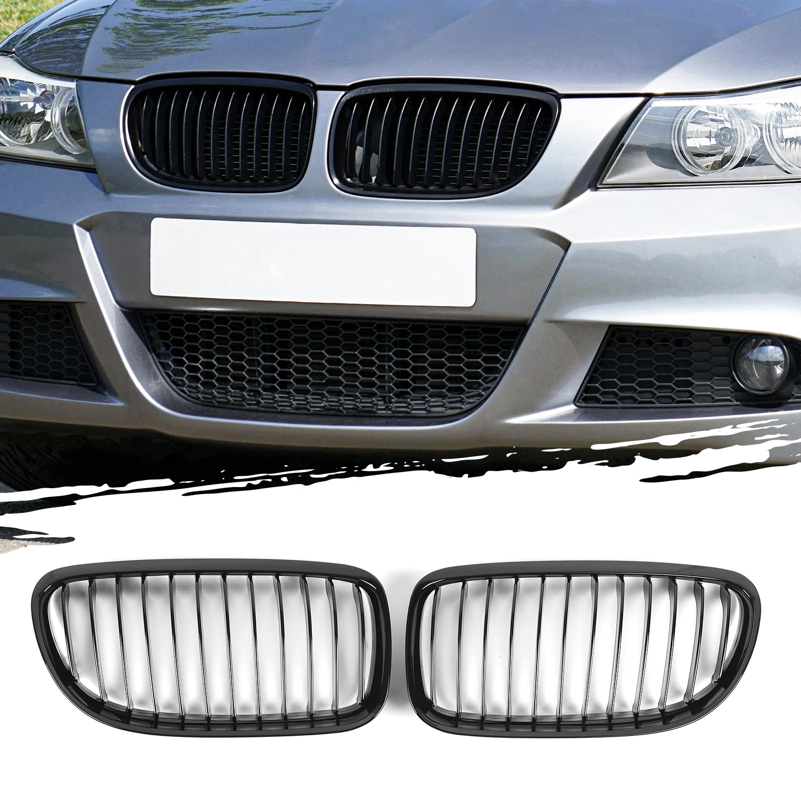 AggAuto Brillant Noir Grille de calandre, reins avant 12 barres individuelles, Compatible avec BMW Série 3, E90/E91, 2009-2011