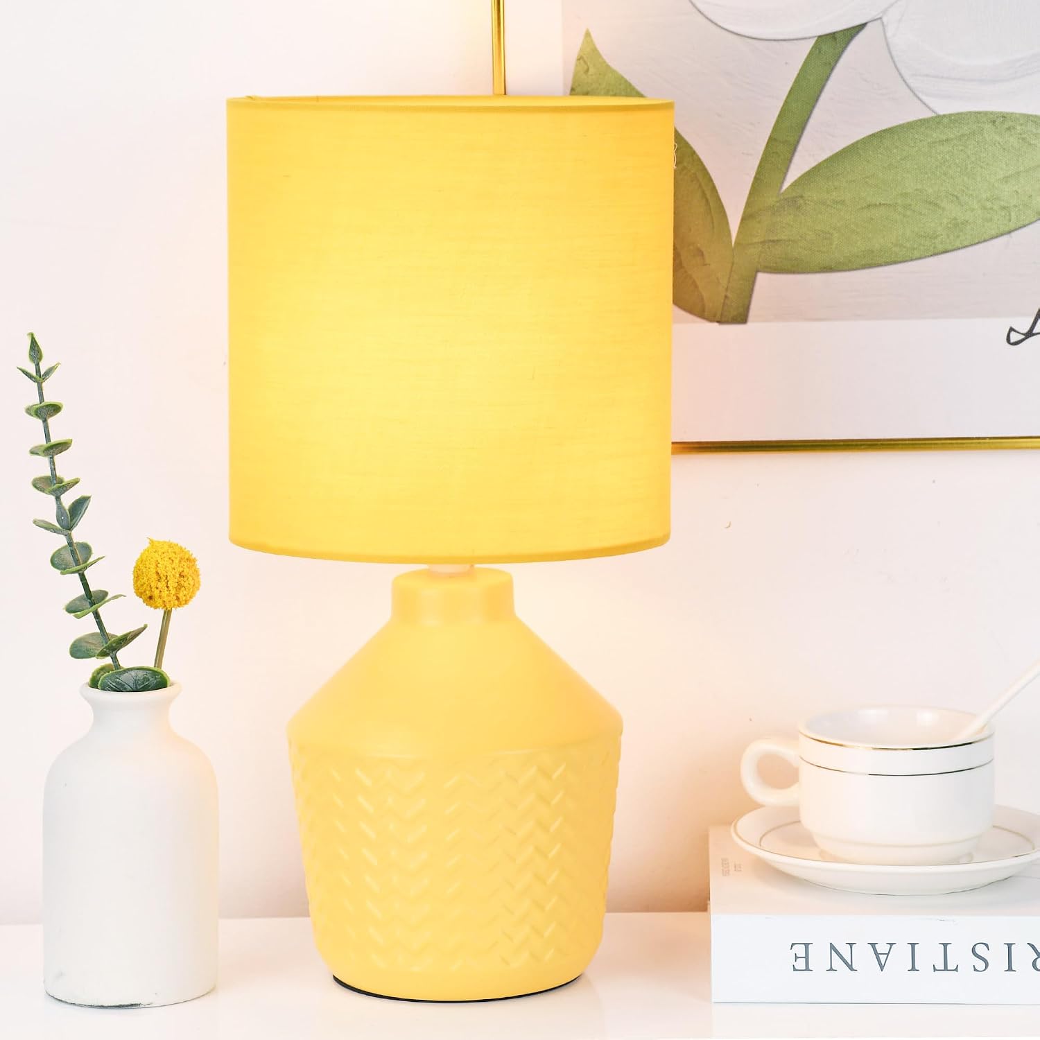 Lampwell Vane Yellow Small Table Lamp for Living Room as Bedside Table Lamp for Bedroom,Modern Ceramic Kids Night Table Lamp,Φ6.89×H13.58IN,Bulb Excluded