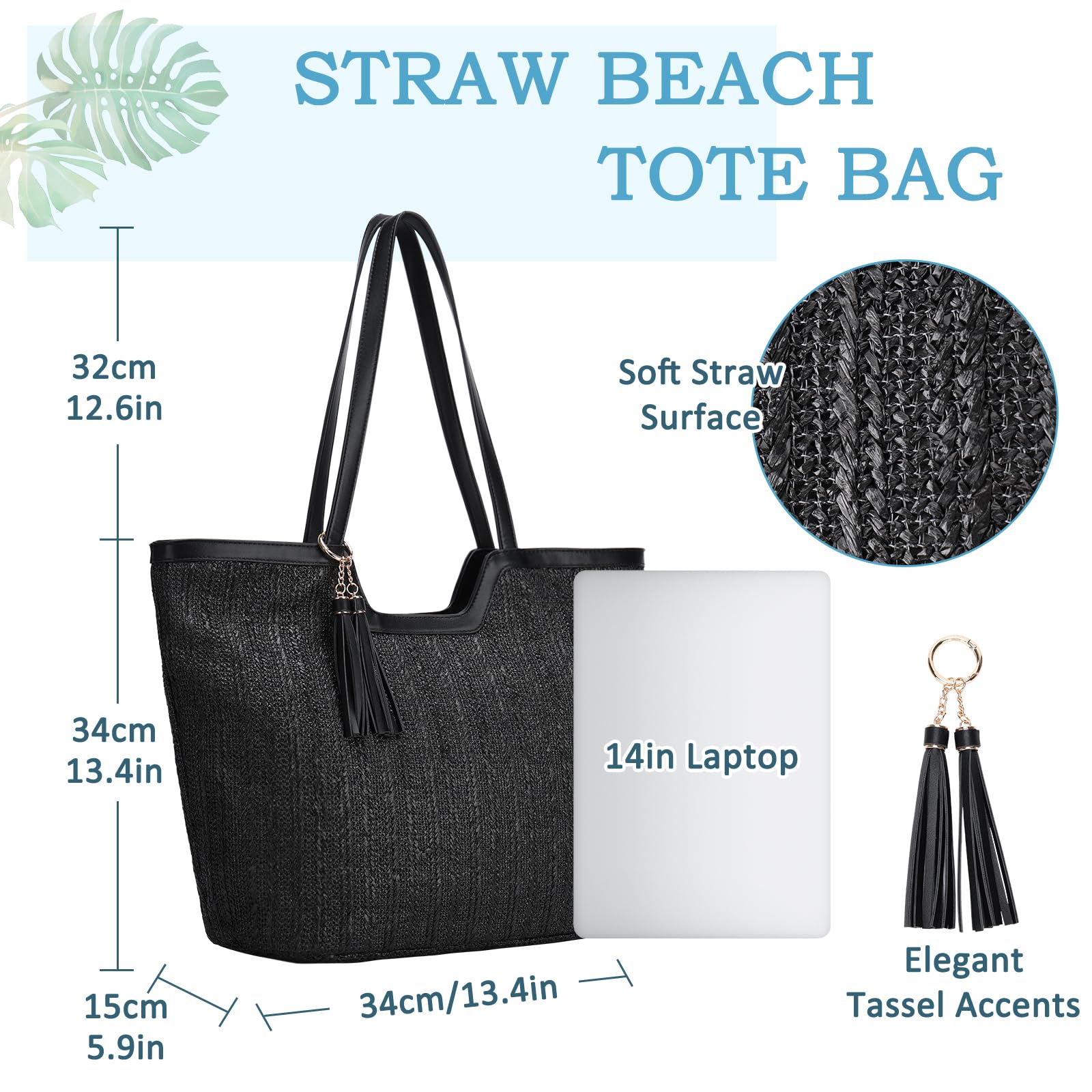 VASCHY Sac Cabas Femme Plage Paille, Grand Sac à Main Fourre Tout d'Été Tissé Boho Recyclable Léger avec Fermeture Éclair pour Voyage Vacances