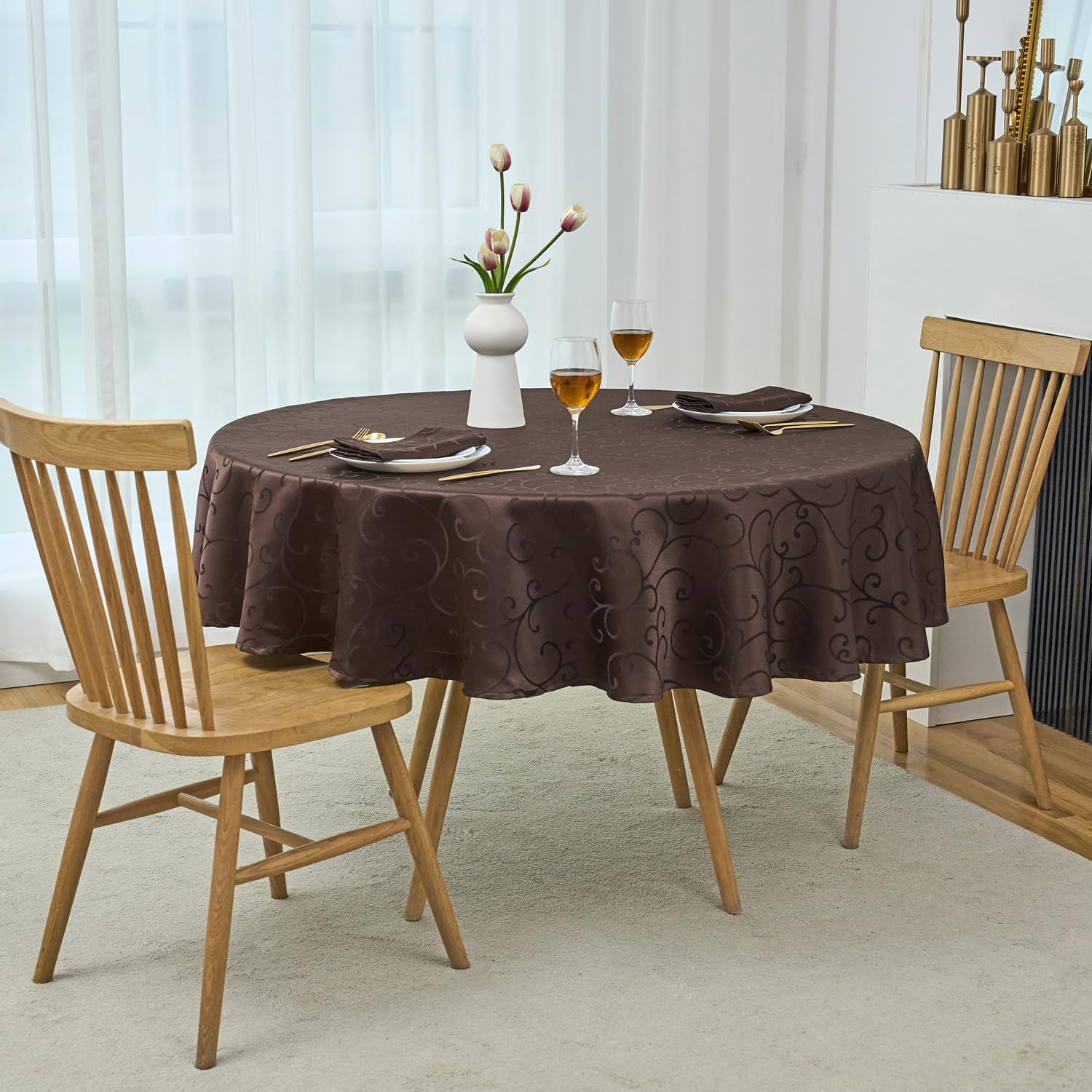 Marina Decoration Jacquard Waterproof Thick Elegant Luxury Premium Solid Damask Branch Scroll Decorative Home Kitchen Tablecloth Liquid Repellent and Stain Resistant, Brown Color Round 70 Inch