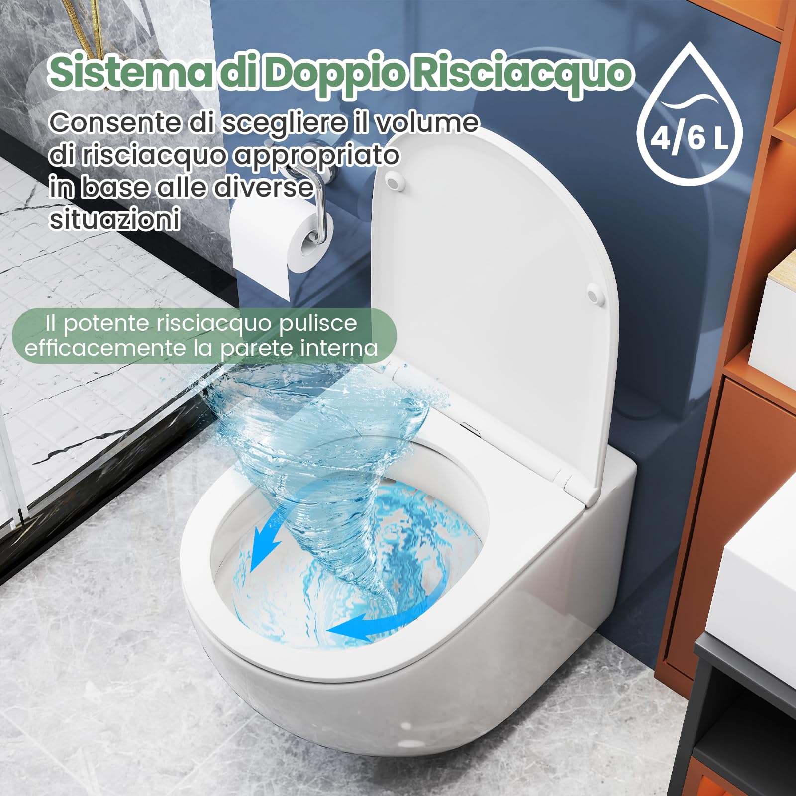 COSTWAY Sanitari Bagno a Muro, Sanitari Bagno Sospeso con Sistema di Doppio Scarico, Meccanismo di Chiusura Ammortizzata e Accessori di Montaggio, Facile da Pulire