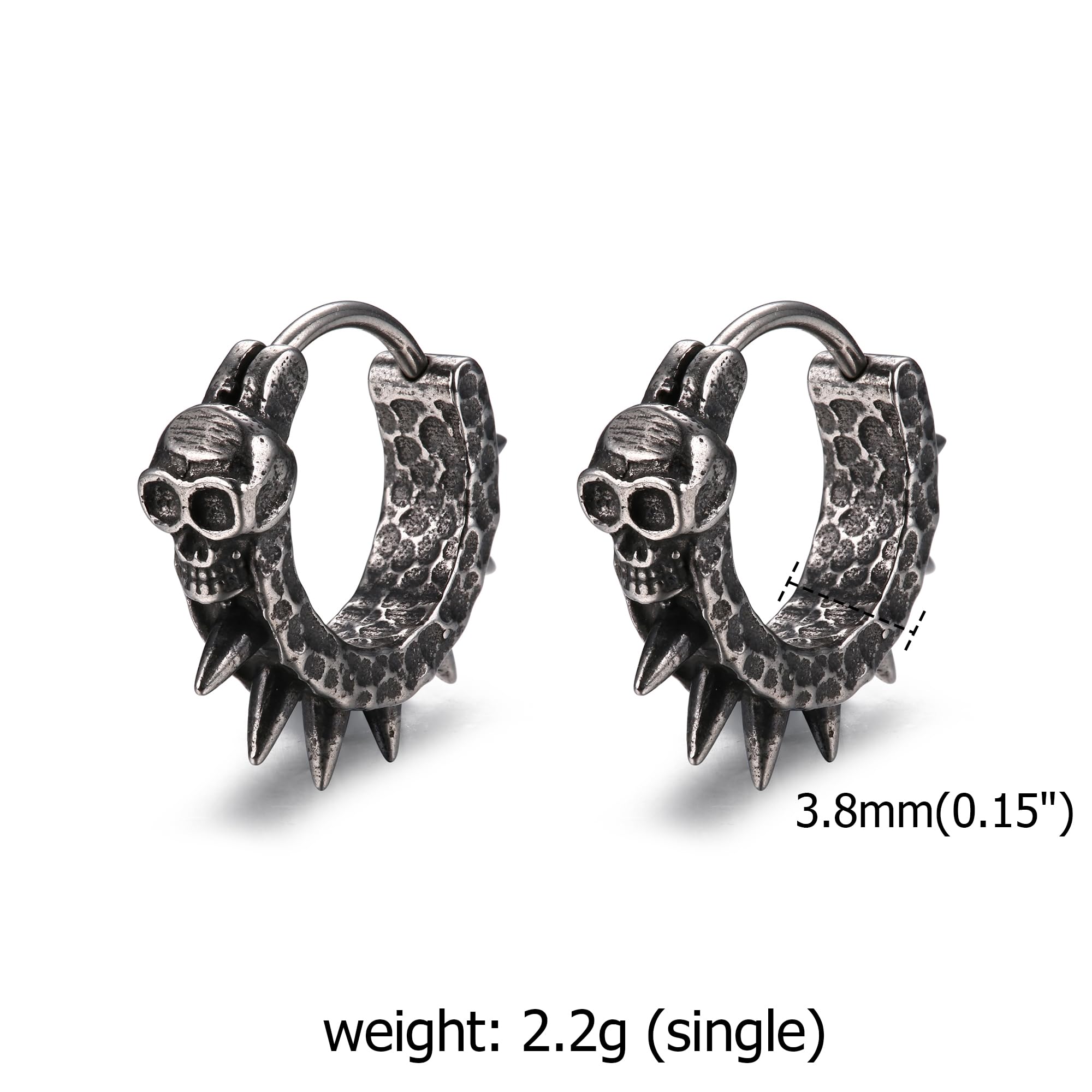 GTHIC Pendientes de aro punk con punta Huggie para mujer, pendientes con remaches de calavera, pendientes góticos vintage para hombres, joyería de acero inoxidable, regalo