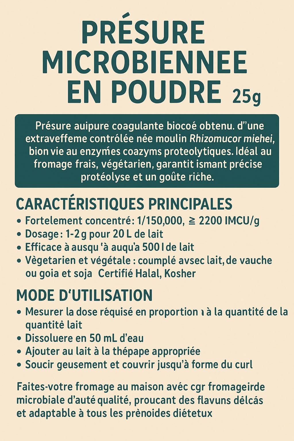 Cuajo en Polvo Microflora 25 g – Cuajo Vegano y Natural para la Elaboración de Quesos Frescos y Veganos