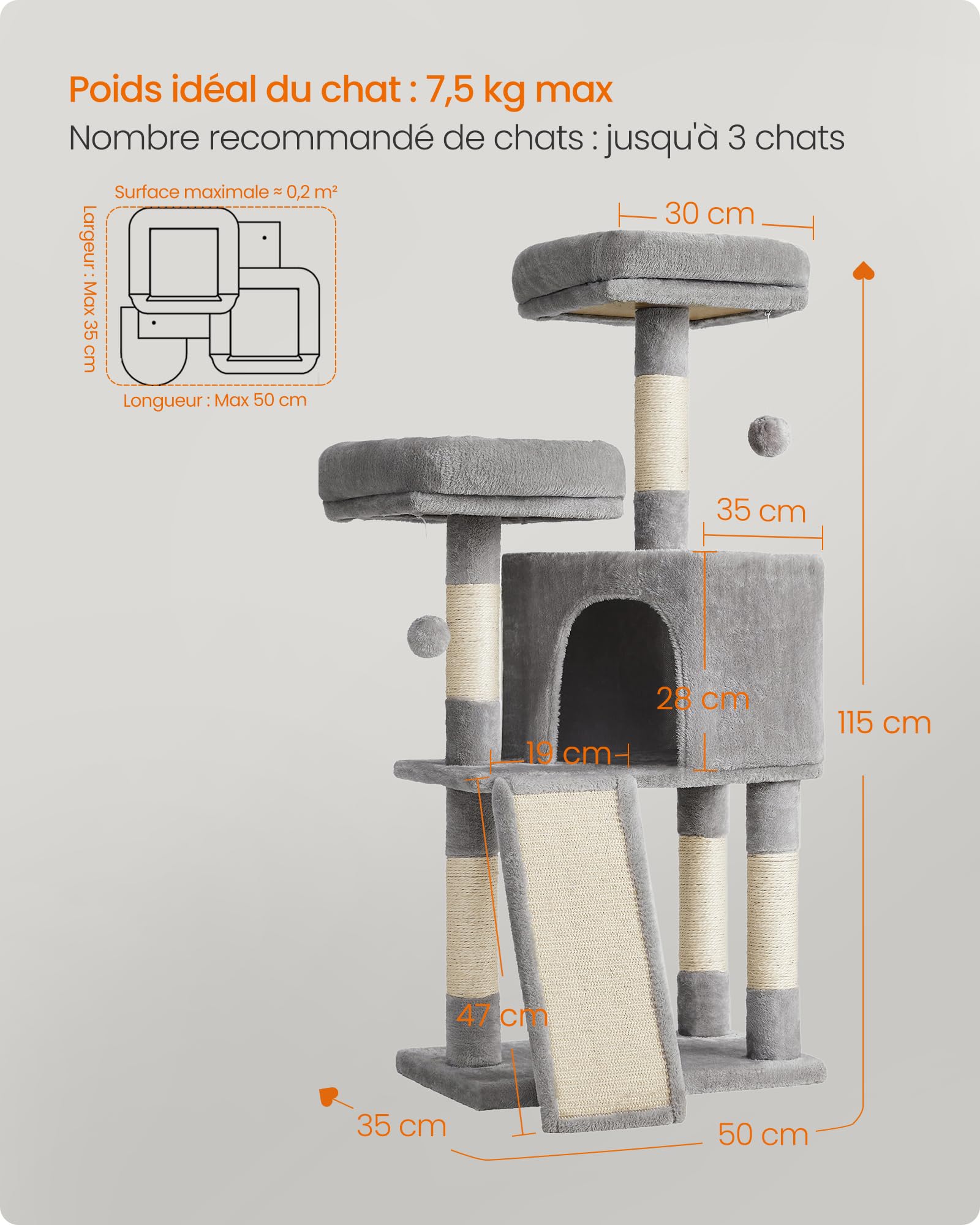 Feandrea Arbre à Chat, Tour poteaux à gratter 115 cm, Gris Clair PCT141W01
