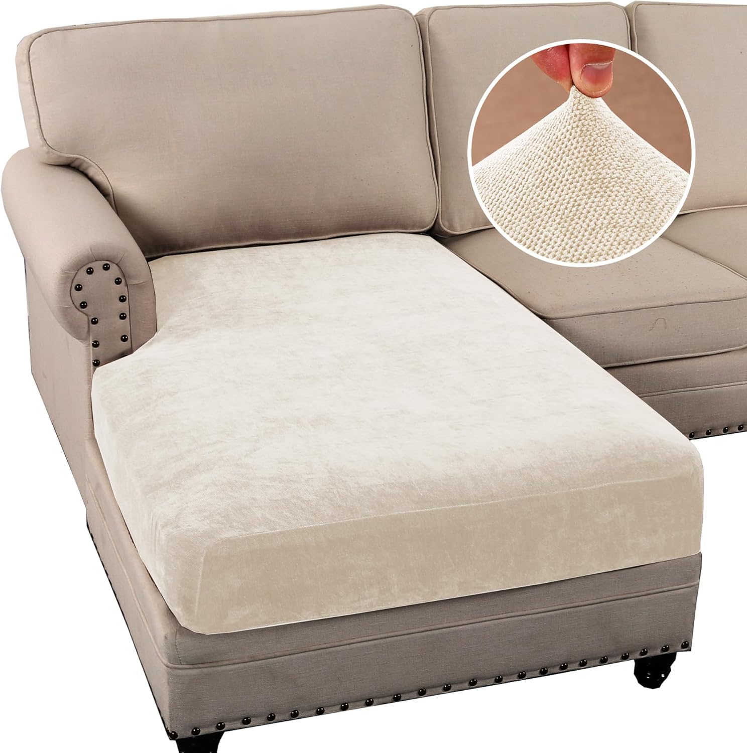 LINGKY Corner Sofa Covers Stretch Chenille Sofa Seat Cushion Covers for Sectional Sofa, Sofa Cushion Slipcovers for L Shaped Sofa, Couch Cushion Covers with Elastic Bottom (Beige,Chaise Cover)