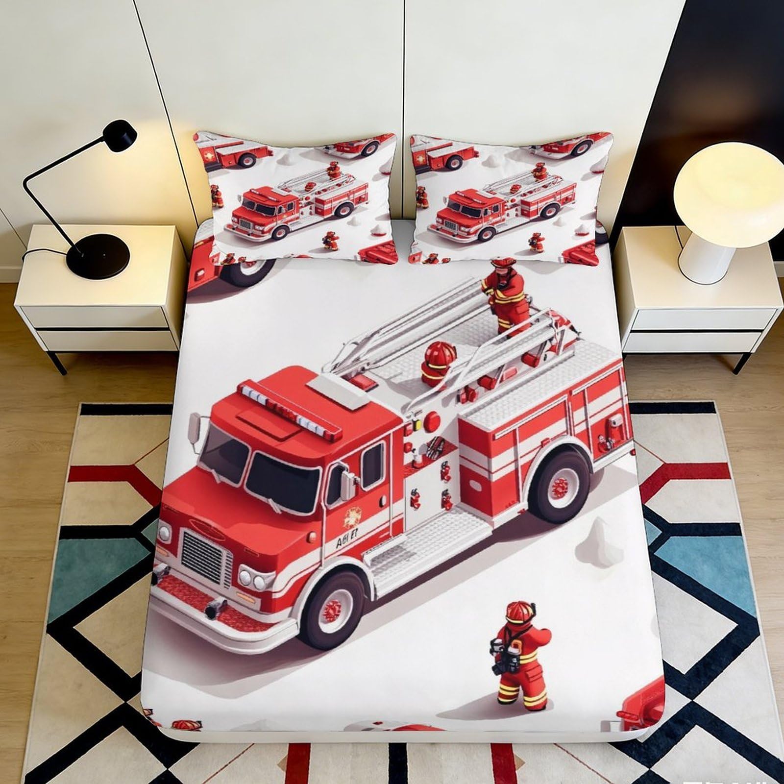 3D Printed Fire Truck Fitted Sheet Microfiber Red Cartoon Firefighter Bed Sheet Anti-slip Easy Care for Bedroom 90x200x25cm