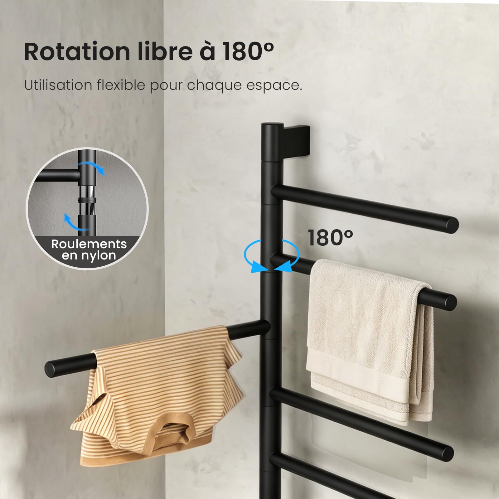 Heilmetz 78x45 mm Sèche-Serviette Électrique 180° Rotatif 135W, Chauffage Salle de Bain WiFi Intelligent avec APP & Commande Vocale, Chauffage à Fibre de Carbone, 30-70℃, Minuterie 1-24h, Noir