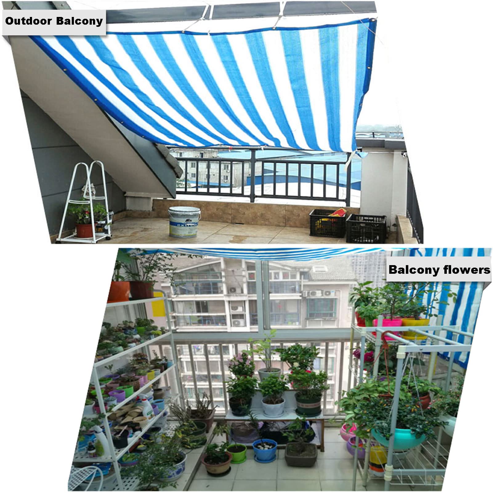 Filet de protection solaire anti-UV à 90 % - 4 x 6 m - Rayures bleues et blanches - Idéal pour les jardins, les serres, les plantes, les fruits, les poules - Couverture extérieure durable