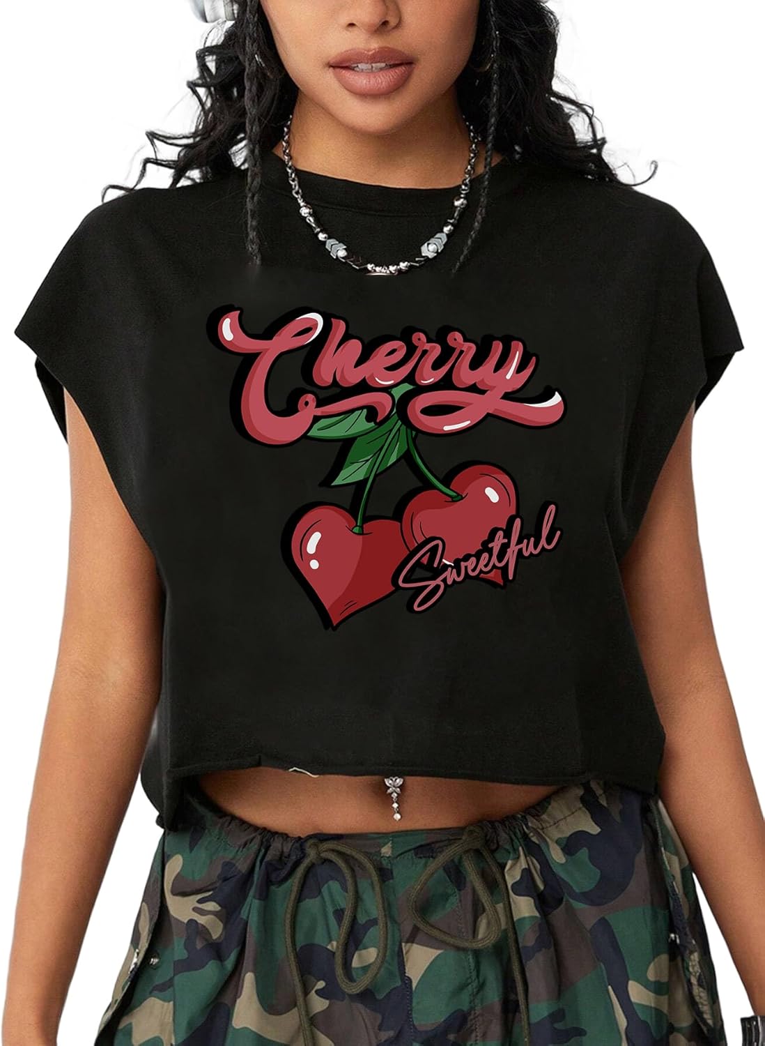 Hilinker Women's Graphic Cap Sleeve Crop Tops Cute Summer Loose Fit Crew Neck T Shirts - Image 2