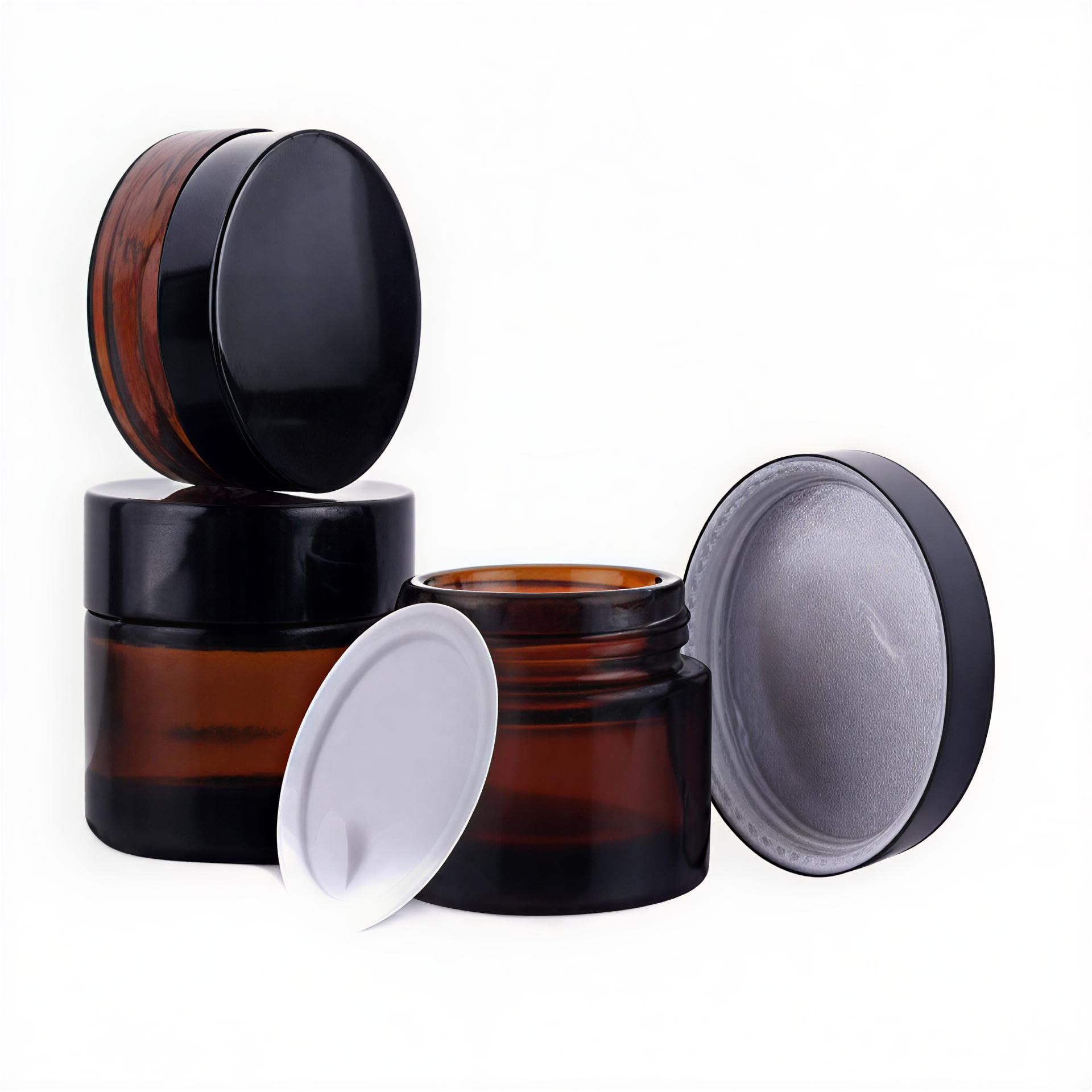 Ericotry Amber 3 Pcs Glass Jars Refillable Cosmetic Sample Bottles Jar Empty Face Cream Lip Balm Lotion Essential Oils Storage Container Pot Bottle With Inner Liners And Black Lids (20Ml)
