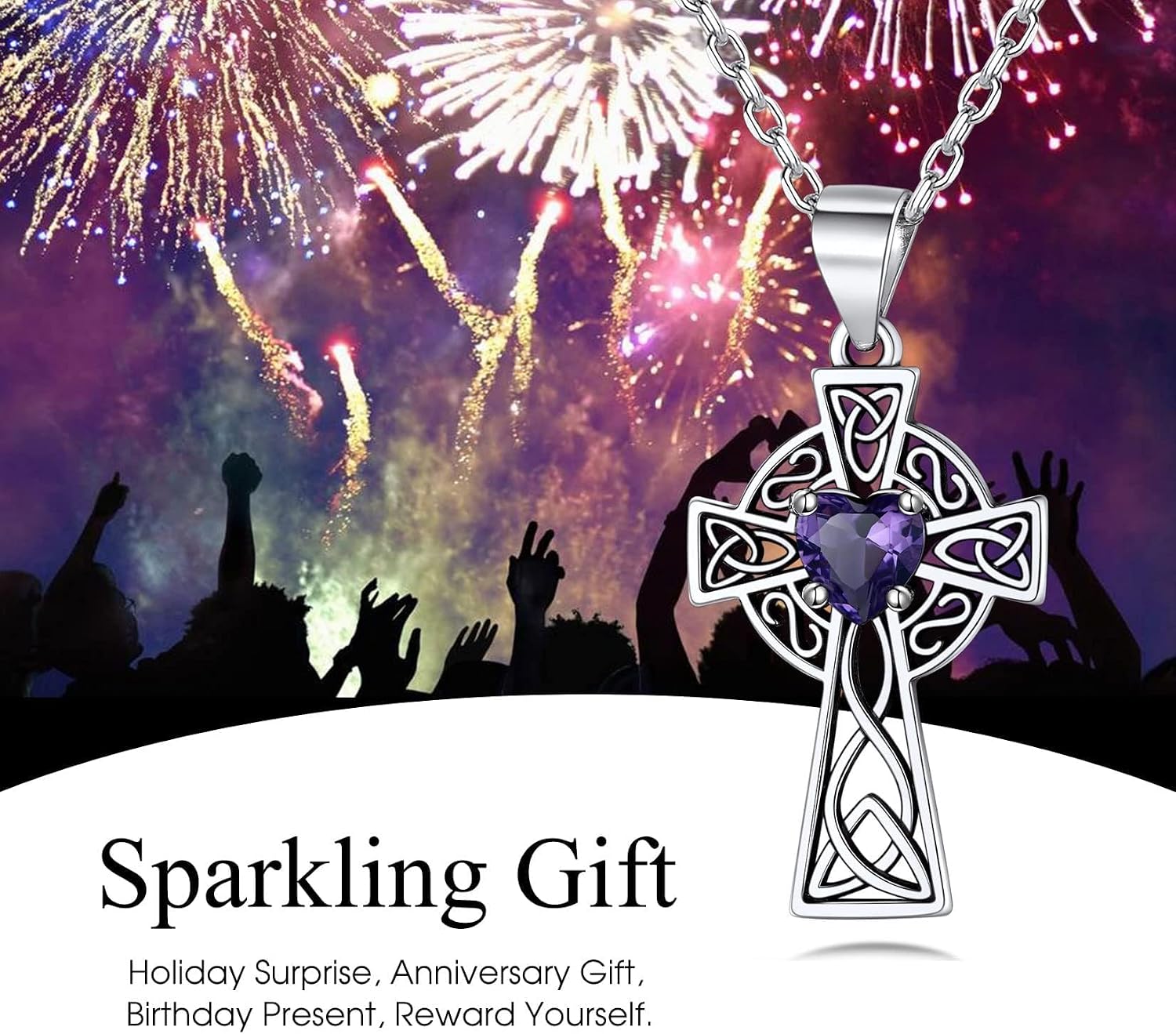Bestyle Silver Celtic Cross Necklace with 12 Month Heart Birthstone, Dainty Celtic Birthstone Necklace Silver Chain for Women Faith Irish Amulet Lucky Birthstone Jewelry
