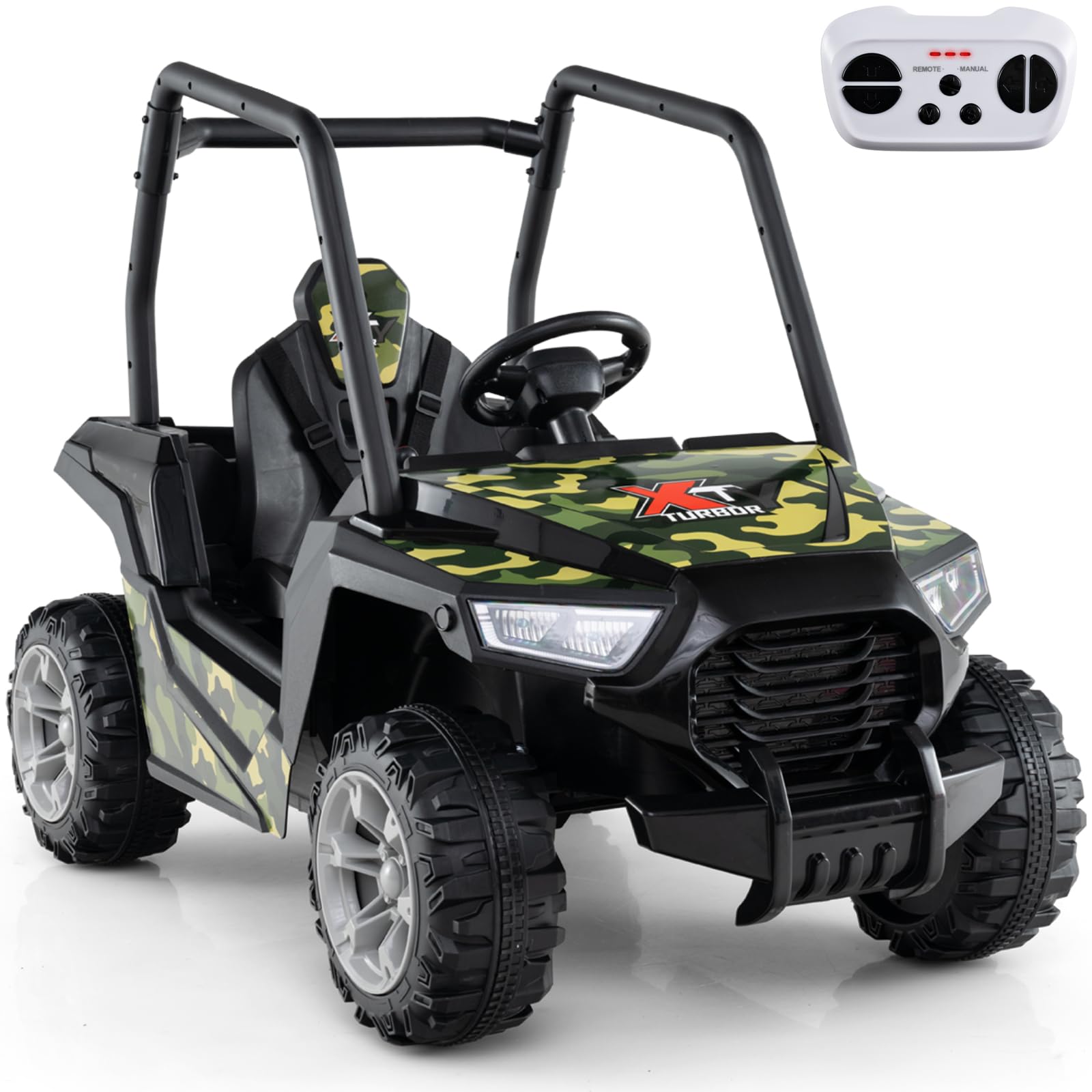 GYMAX 24V Kids Ride on Car, Children Battery Powered Car with Remote Control, Music, MP3, USB, Rear Storage, Spring Suspension&Slow Start, Electric Off Road Truck for 3-8 Years Old (Black+Camouflage)