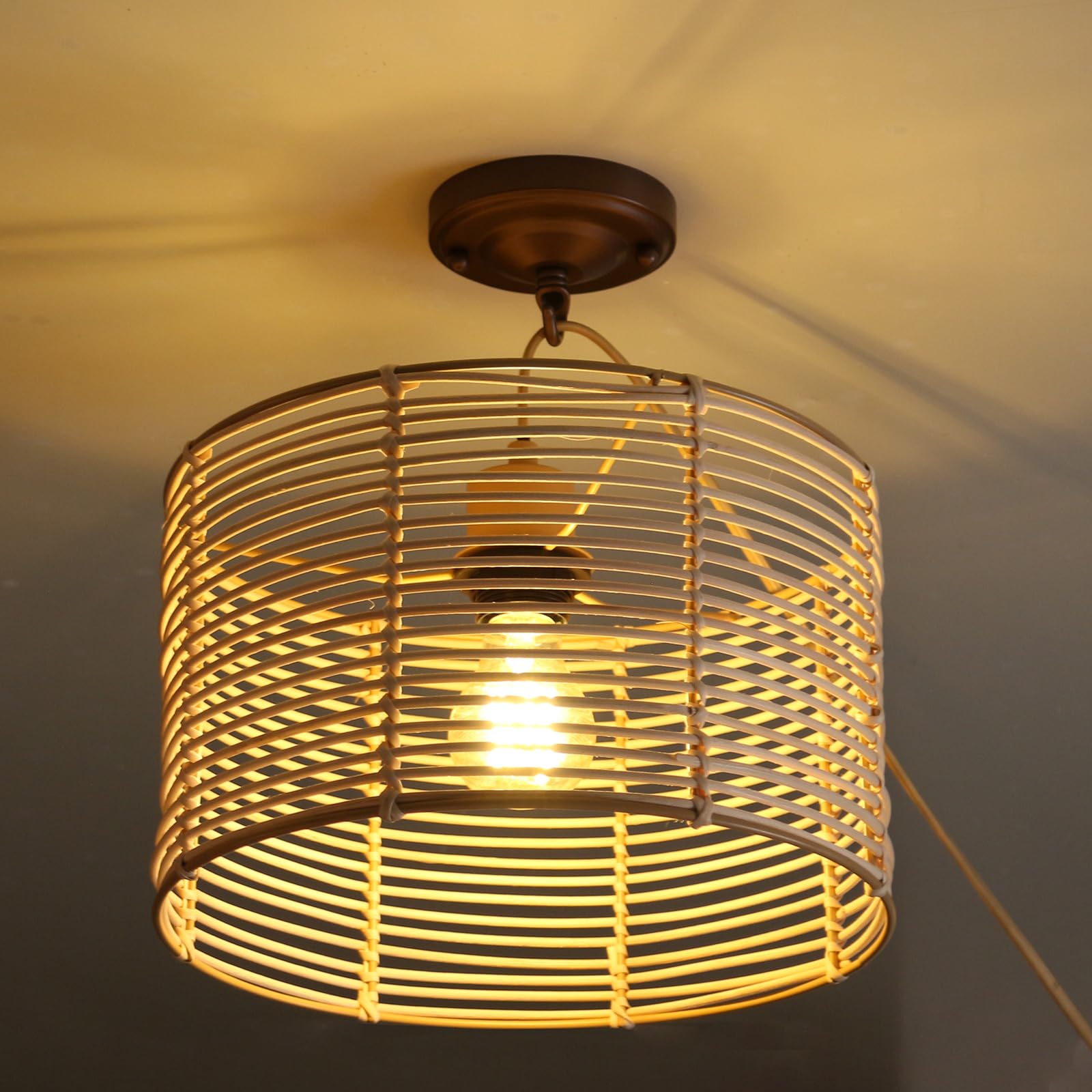 Paralume vintage in rattan, intagliato a tamburo, per lampada da terra, lampada a sospensione, lampada da tavolo, lampada da soffitto