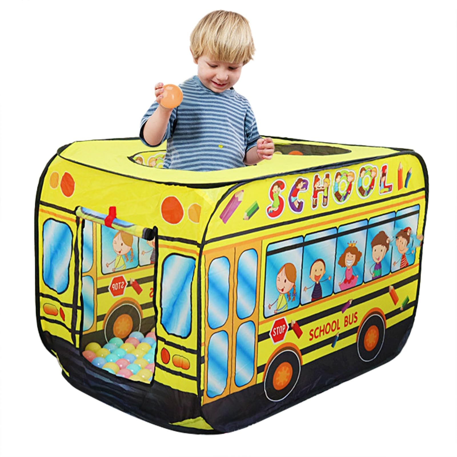 Putentfun Yellow Pop Up School Bus Tent with Carry Bag,Pop Up Play Tent for Kids,Foldable Indoor & Outdoor Playhouse with 3 Openings Vehicle Toys for Toddlers, Boys and Girls