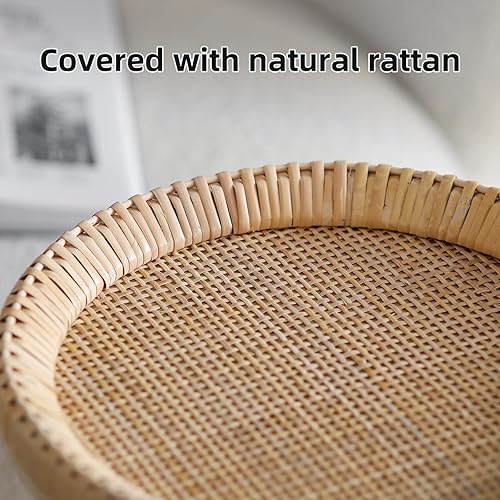 Miniatura 3 de Mesa auxiliar pequeña de ratán, mesa redonda para bebidas para espacios pequeños, mesa auxiliar bohemia con patas de madera maciza para sala de