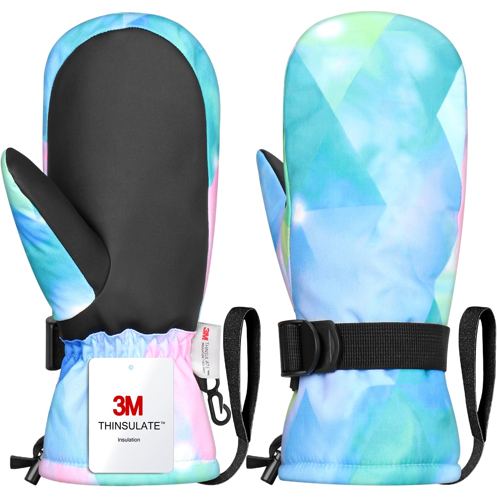 Odtmger Skihandschuhe wasserdicht, Winddicht Touchscreen Winter Fausthandschuhe mit Verlierschutzband, kaltfestes Outdoor Zubehör für Eltern und Kinder mit Handgelenksriemen