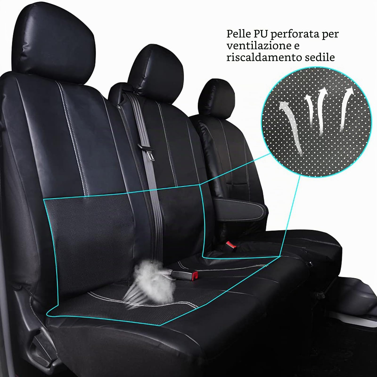 TOYOUN Coprisedili Universali In Ecopelle per Furgoni 3 Posti per La Maggior Parte Dei Furgoni Protezione per Seggiolini Auto Singoli e Doppi Coprisedili 2+1 Nero