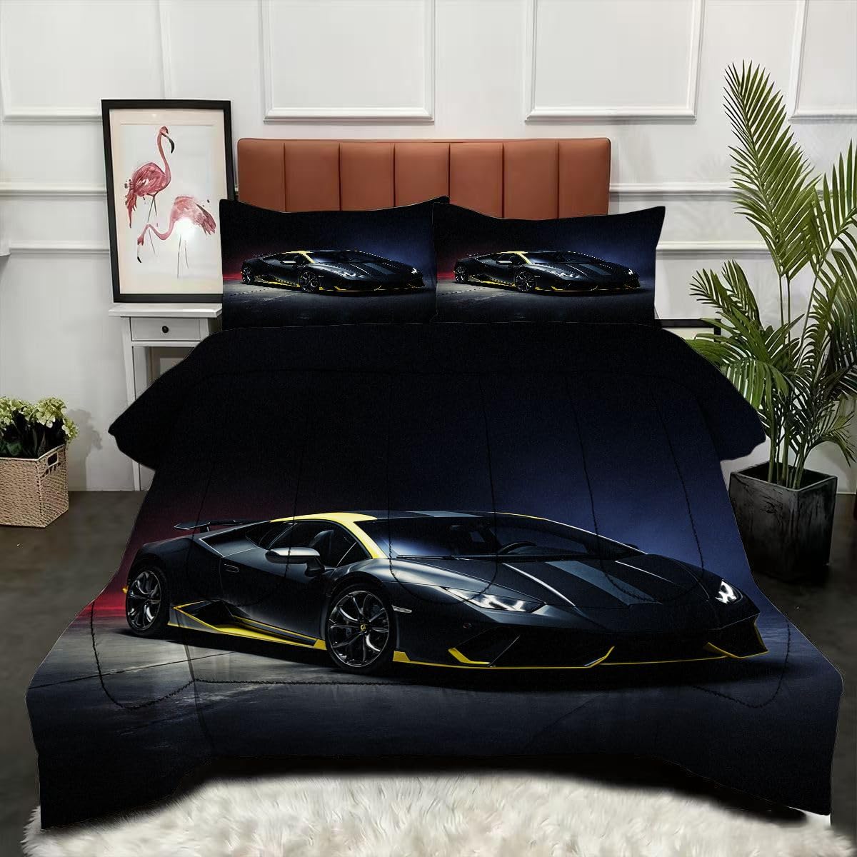 Couette 200 x 200 cm Voiture de Sport 3D avec 2 taies d'oreiller en microfibre