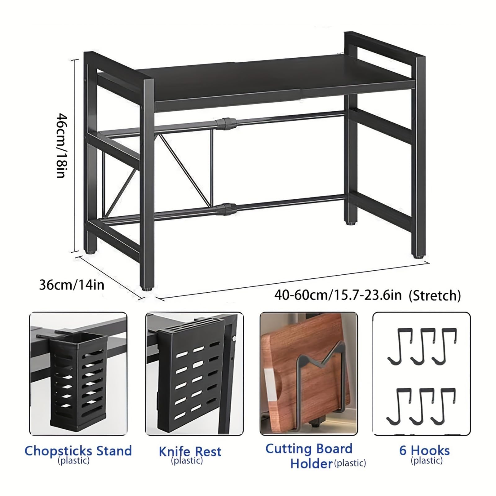Étagère à Micro-Ondes Extensible à 2 Niveaux, Charge 30kg | Acier au Carbone, Extensible 40 à 64 cm, Porte-Baguettes et Porte-Planche à Découper, Adapté Cuisine, Bureau, Garage